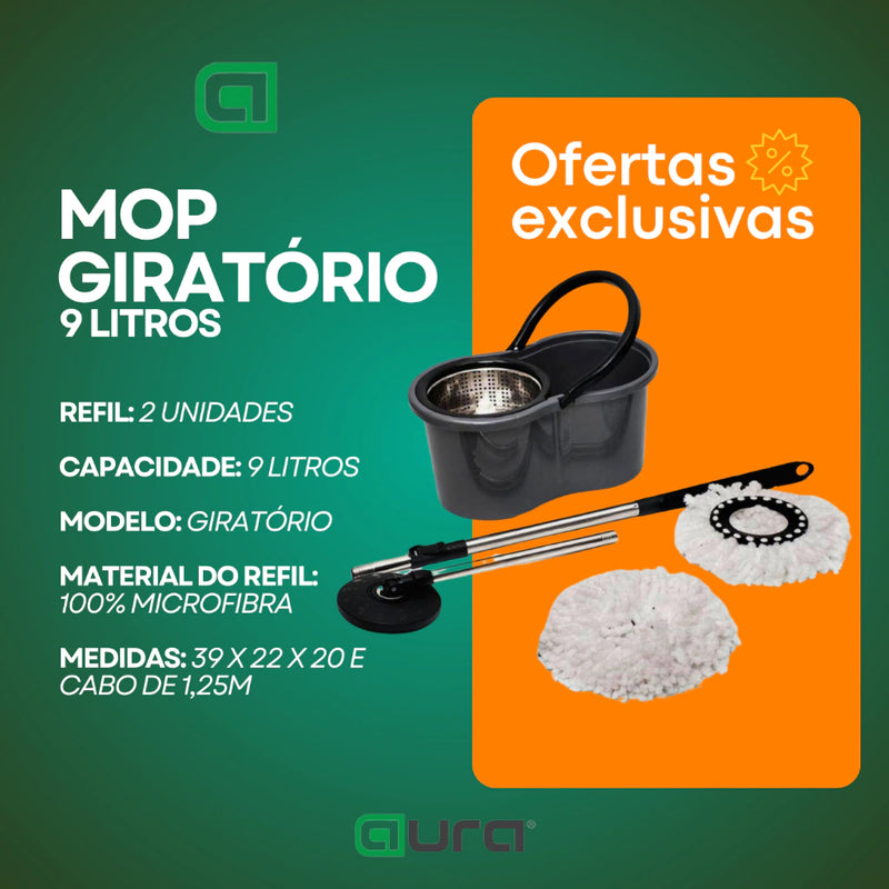 Mop Com Centrifuga Inox e Cabo em Inox Com 2 Refil de Microfibra 9 Litros Mop