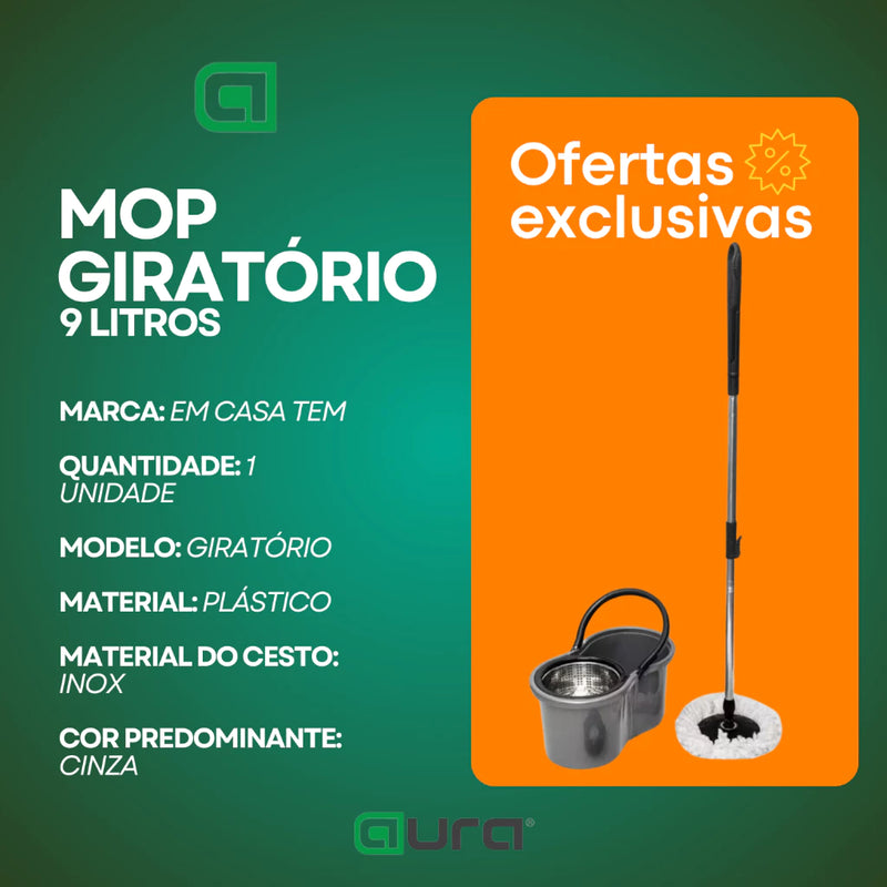 Mop Com Centrifuga Inox e Cabo em Inox Com 2 Refil de Microfibra 9 Litros Mop