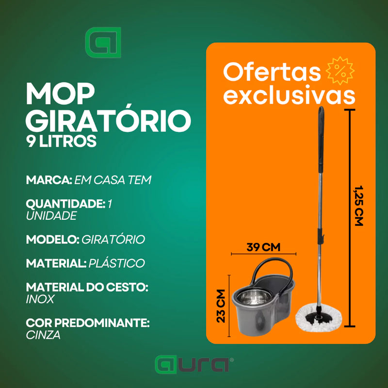 Mop Com Centrifuga Inox e Cabo em Inox Com 2 Refil de Microfibra 9 Litros Mop