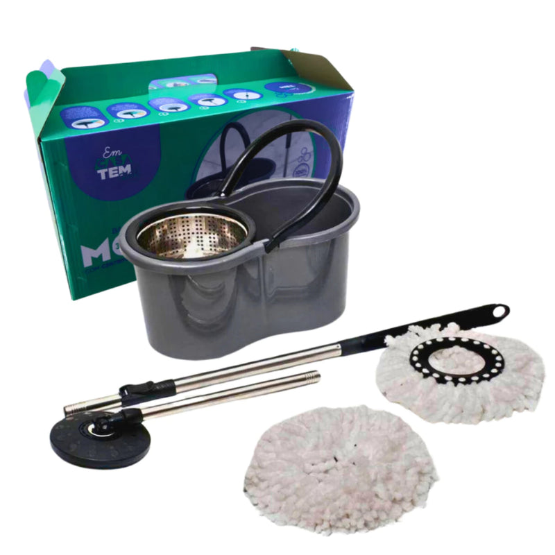 Mop Com Centrifuga Inox e Cabo em Inox Com 2 Refil de Microfibra 9 Litros Mop